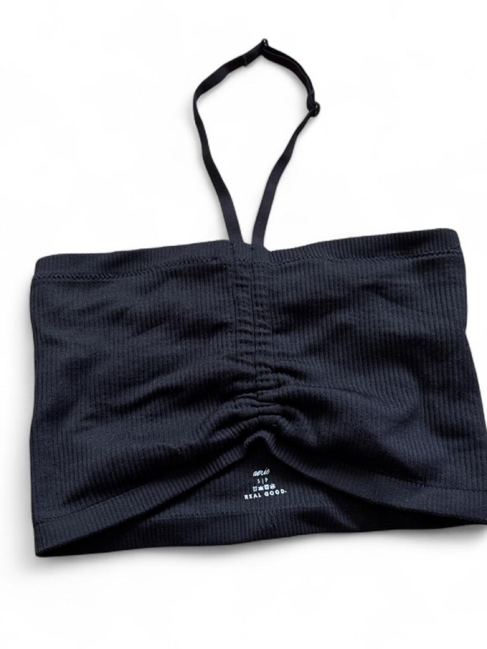 aerie Black Ribbed Ruched Tube Top with Strap